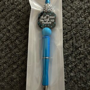 Hand Crafted Blue Prayer Bead Pen - 'He Shall Cover You With His Feathers'